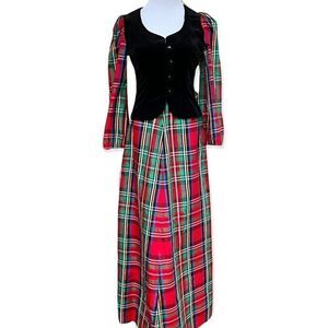 Vintage Prairie Goth? Black Velvet & Red Plaid Two Piece Maxi Skirt And Jacket S